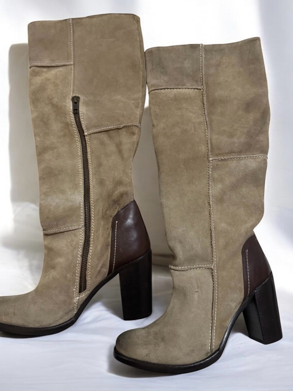 MIA Vintage inspired Taupe Suede Mid-Calf Boots with Brown Heel